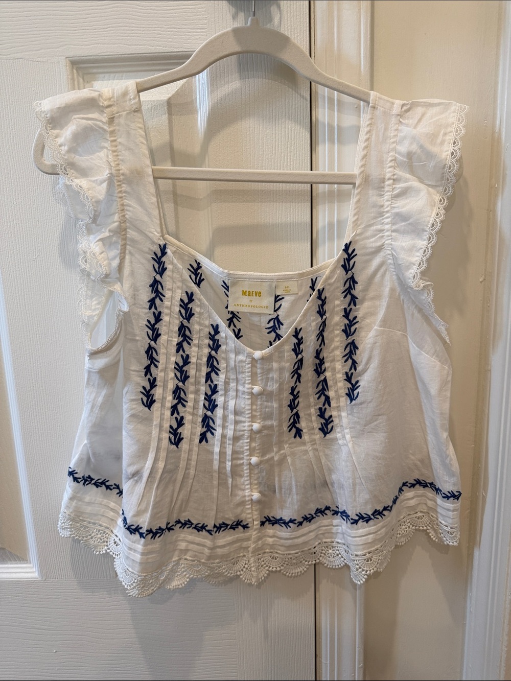 Maeve White Cotton Embroidered Flutter-Sleeve Camisole with Blue Detailing